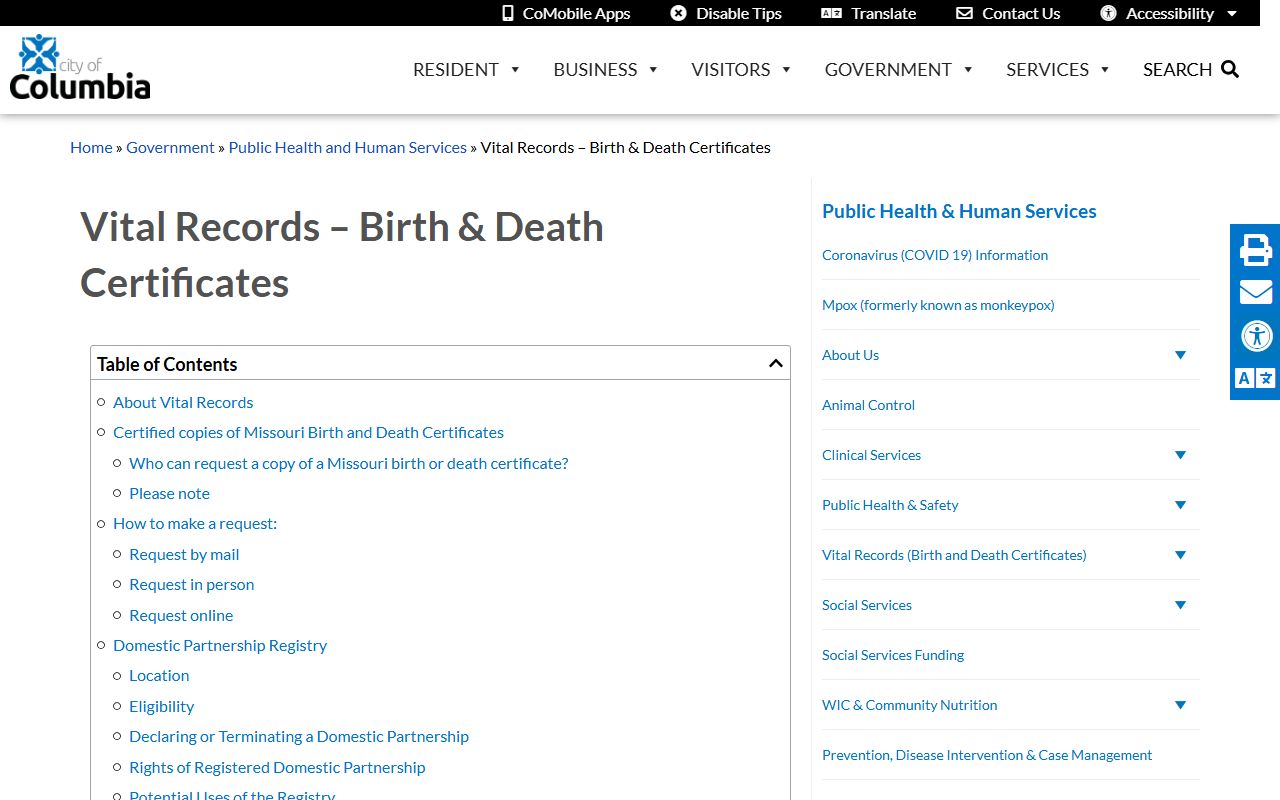 Columbia Missouri vital records page for Columbia death index records
