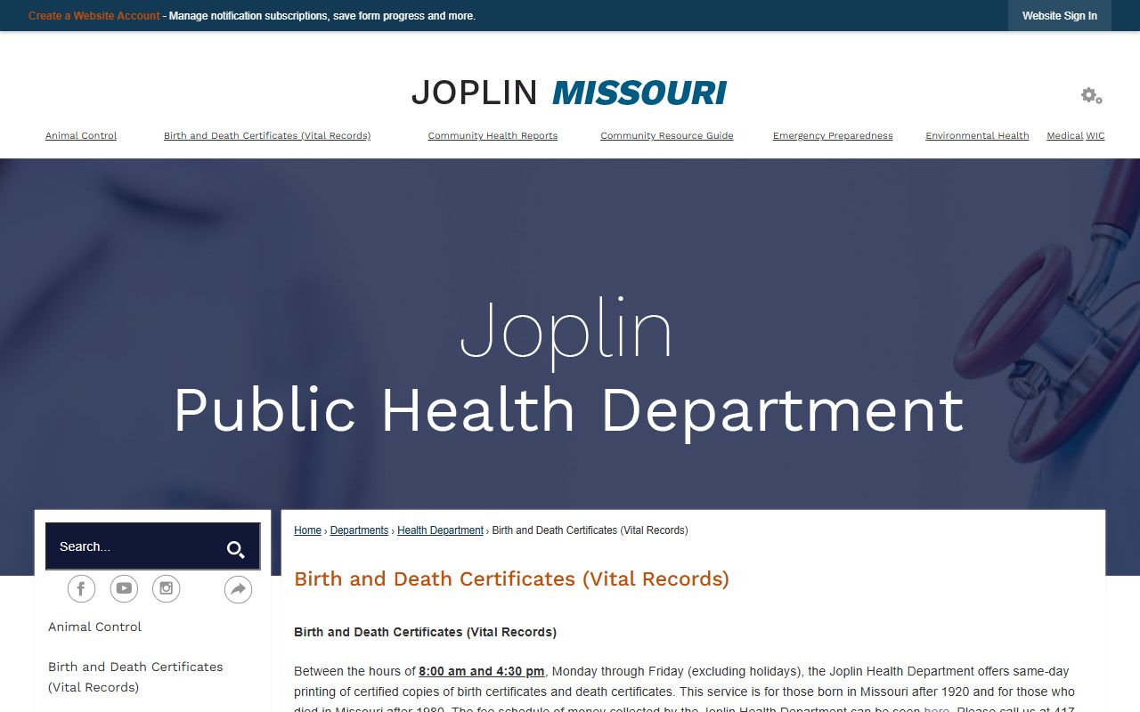Joplin Missouri Health Department vital records page for Joplin death index records
