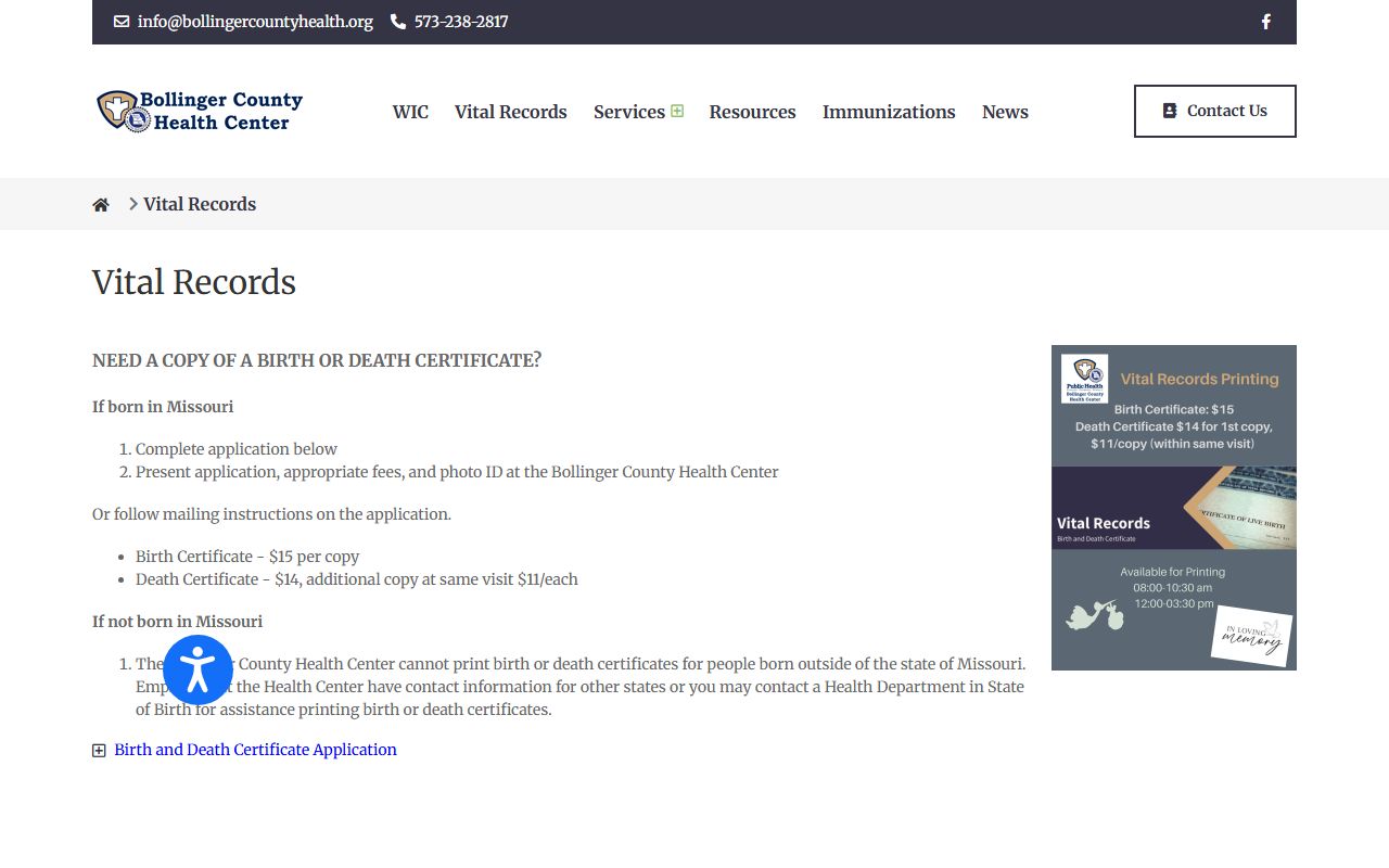 Bollinger County Health Center vital records page for Bollinger County death index