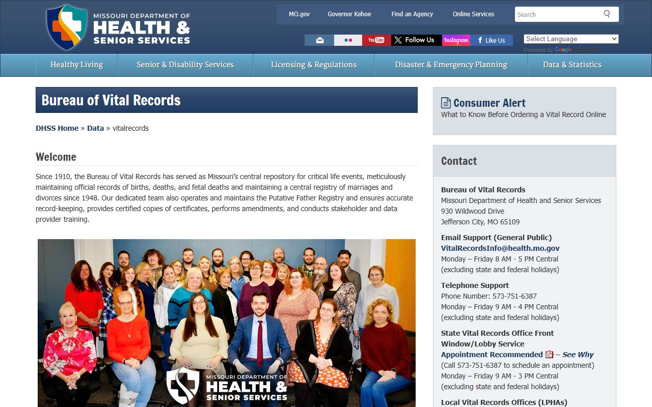 Missouri Bureau of Vital Records page covering Barton County death index requests