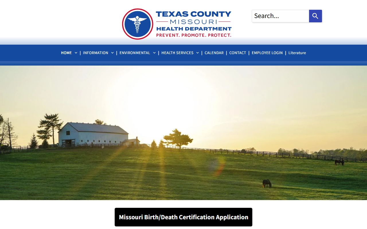 Texas County Health Department website for Texas County death index records