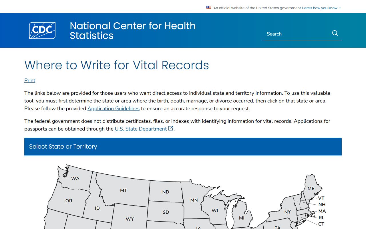CDC Where to Write for Vital Records page showing Missouri death certificate information
